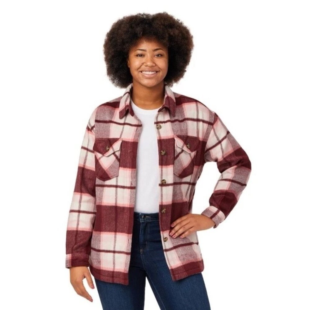 Member's Mark Button Front Plaid Shacket Size L Crimson Causal Fall/Winter